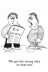 Two overweight people read news on big society launch and say: We got the wrong idea on that one